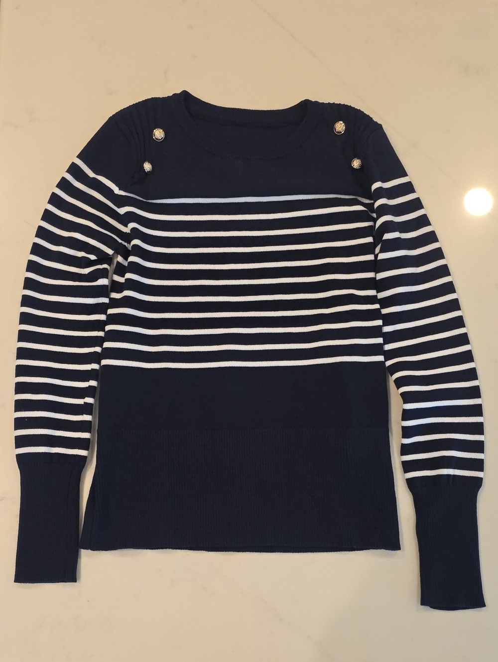 Navy and White Striped Button-Accent Sweater